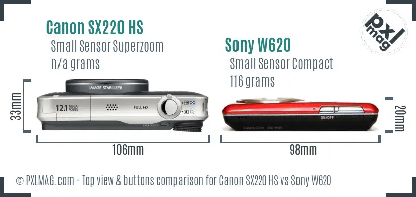 Canon SX220 HS vs Sony W620 top view buttons comparison Canon SX220 HS vs Sony W620 top view buttons comparison