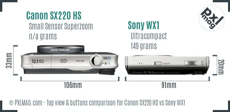 Canon SX220 HS vs Sony WX1 top view buttons comparison