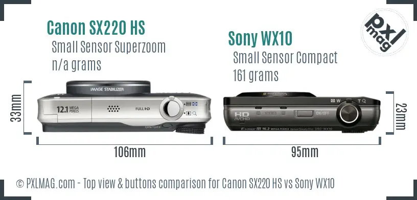 Canon SX220 HS vs Sony WX10 top view buttons comparison
