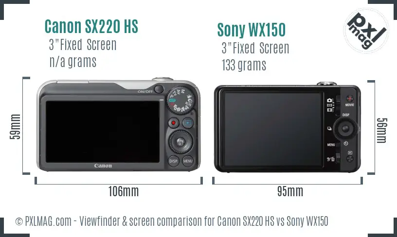 Canon SX220 HS vs Sony WX150 Screen and Viewfinder comparison