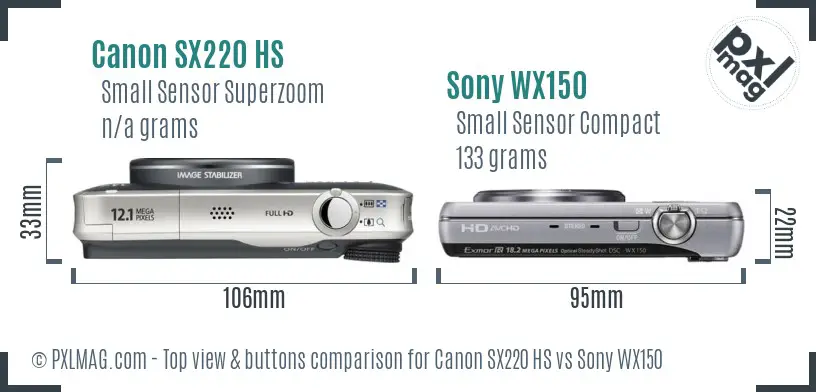 Canon SX220 HS vs Sony WX150 top view buttons comparison