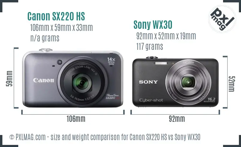 Canon SX220 HS vs Sony WX30 size comparison