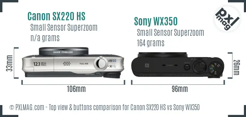 Canon SX220 HS vs Sony WX350 top view buttons comparison Canon SX220 HS vs Sony WX350 top view buttons comparison
