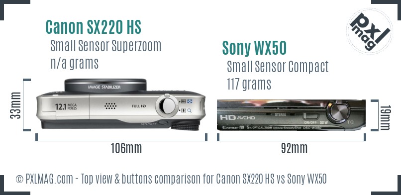 Canon SX220 HS vs Sony WX50 top view buttons comparison