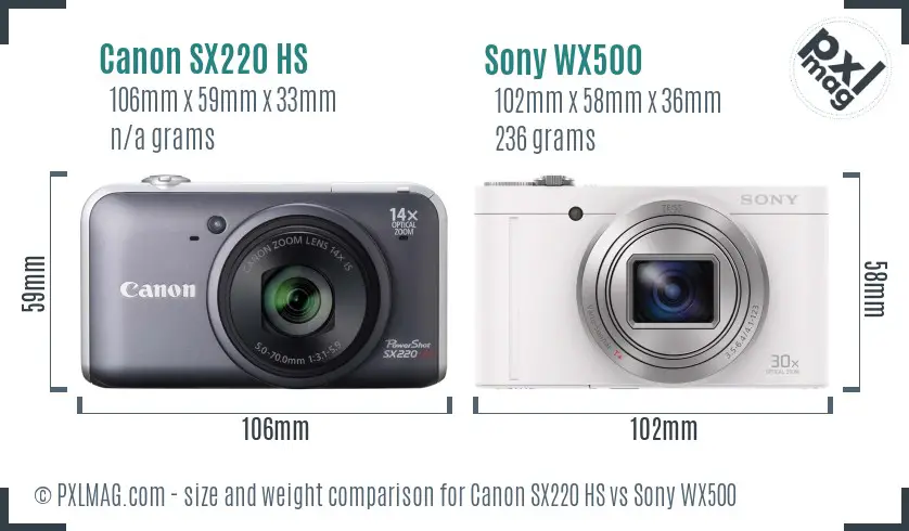 Canon SX220 HS vs Sony WX500 size comparison
