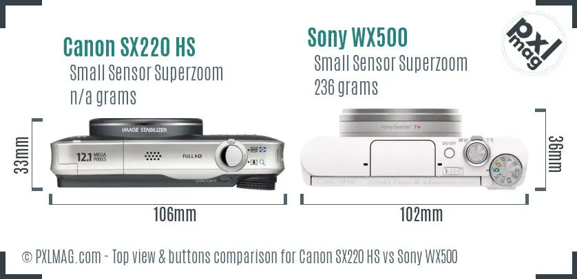Canon SX220 HS vs Sony WX500 top view buttons comparison