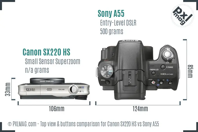 Canon SX220 HS vs Sony A55 top view buttons comparison Canon SX220 HS vs Sony A55 top view buttons comparison