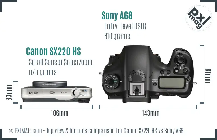 Canon SX220 HS vs Sony A68 top view buttons comparison