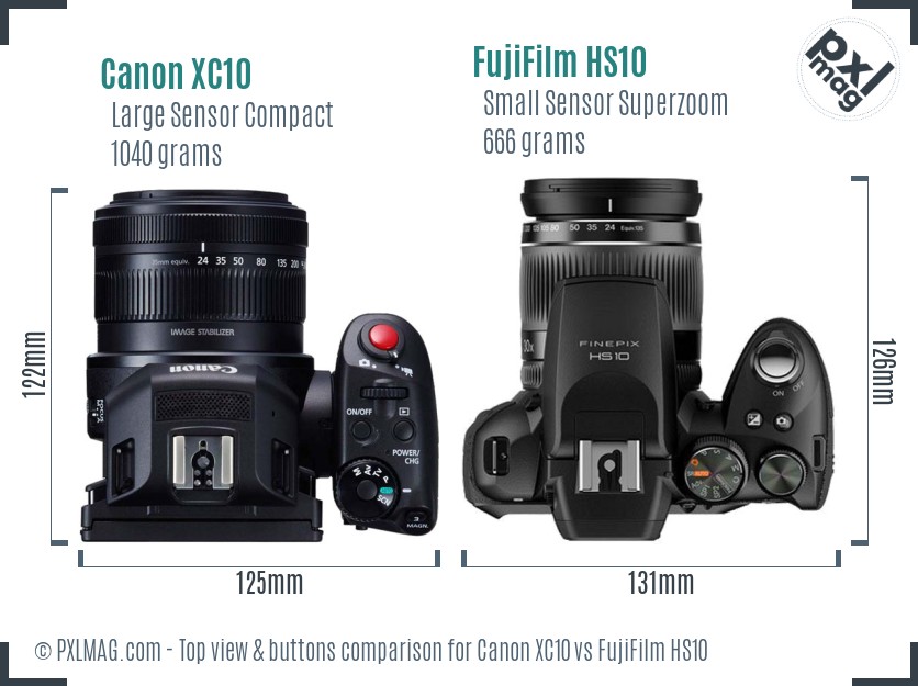 Canon XC10 vs FujiFilm HS10 top view buttons comparison