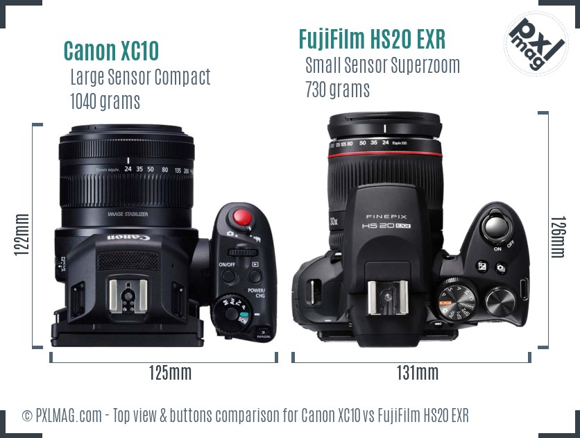 Canon XC10 vs FujiFilm HS20 EXR top view buttons comparison