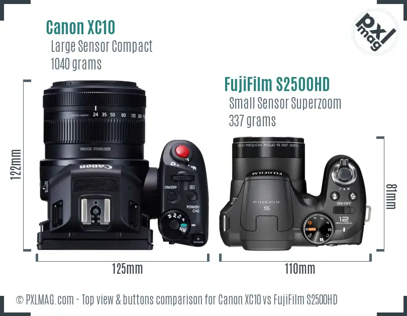 Canon XC10 vs FujiFilm S2500HD top view buttons comparison