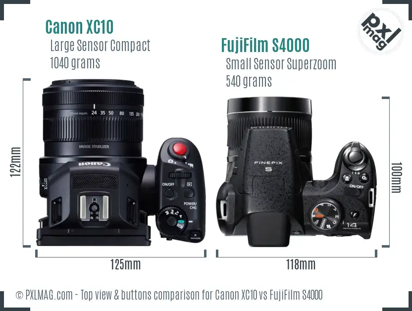 Canon XC10 vs FujiFilm S4000 top view buttons comparison Canon XC10 vs FujiFilm S4000 top view buttons comparison