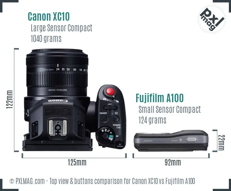 Canon XC10 vs Fujifilm A100 top view buttons comparison