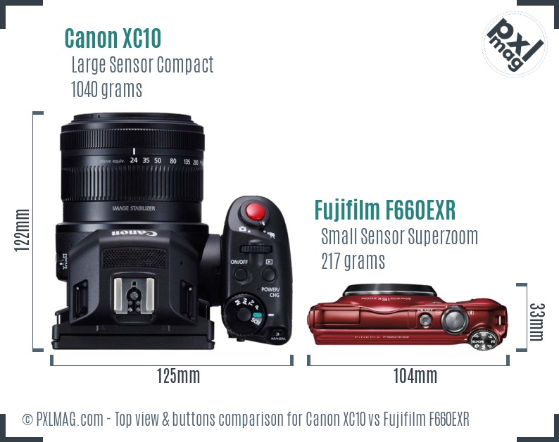 Canon XC10 vs Fujifilm F660EXR top view buttons comparison