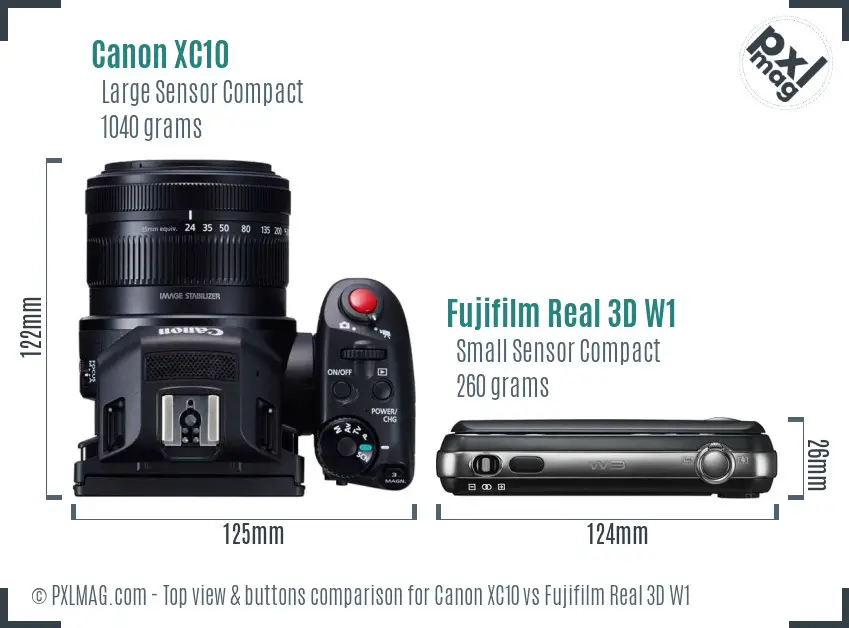 Canon XC10 vs Fujifilm Real 3D W1 top view buttons comparison