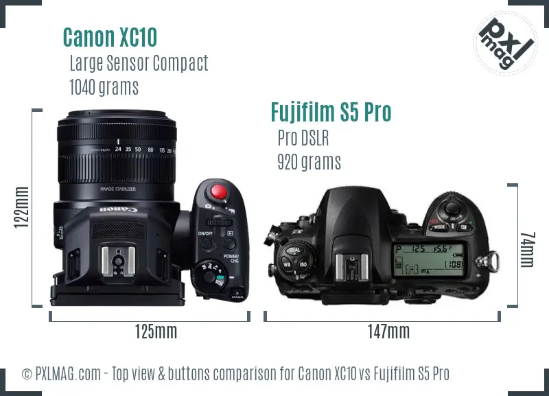 Canon XC10 vs Fujifilm S5 Pro top view buttons comparison