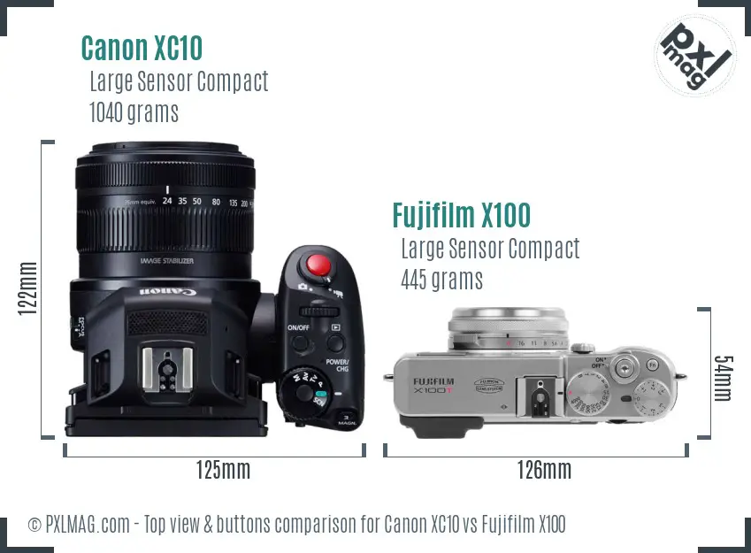 Canon XC10 vs Fujifilm X100 top view buttons comparison
