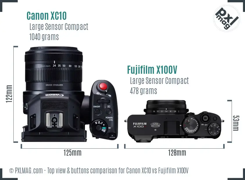 Canon XC10 vs Fujifilm X100V top view buttons comparison