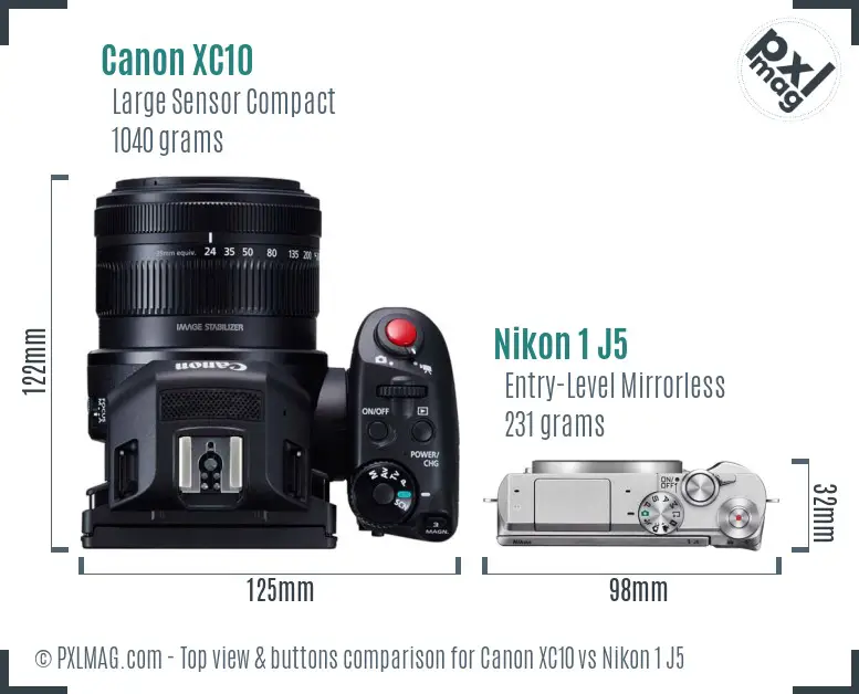 Canon XC10 vs Nikon 1 J5 top view buttons comparison