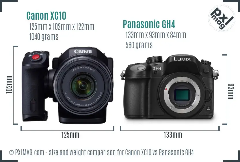 Canon XC10 vs Panasonic GH4 size comparison