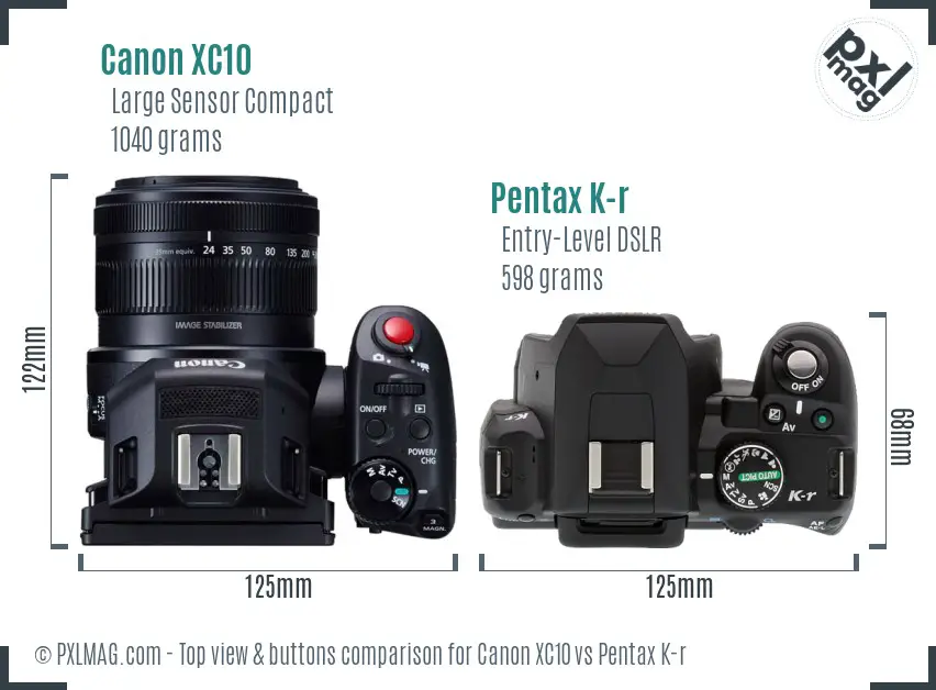 Canon XC10 vs Pentax K-r top view buttons comparison
