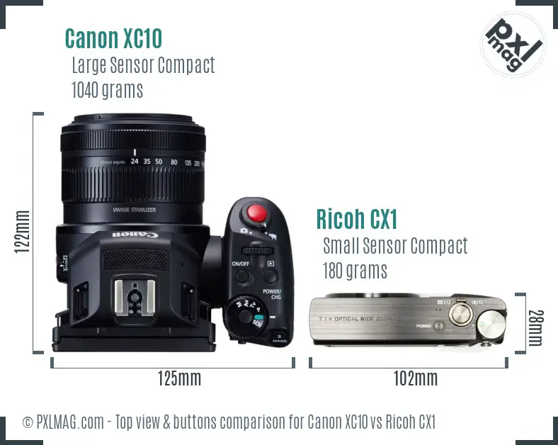 Canon XC10 vs Ricoh CX1 top view buttons comparison Canon XC10 vs Ricoh CX1 top view buttons comparison