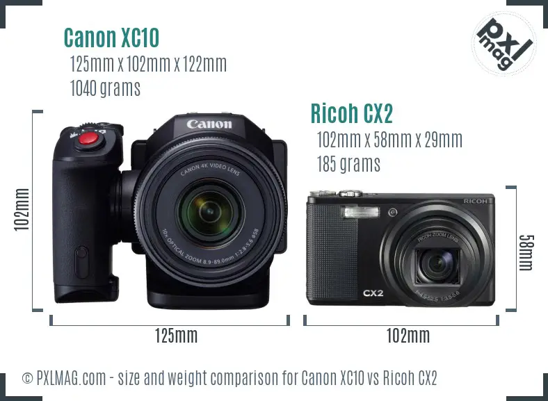 Canon XC10 vs Ricoh CX2 size comparison