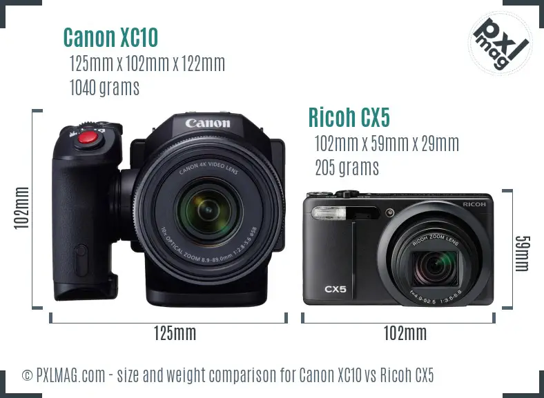 Canon XC10 vs Ricoh CX5 size comparison