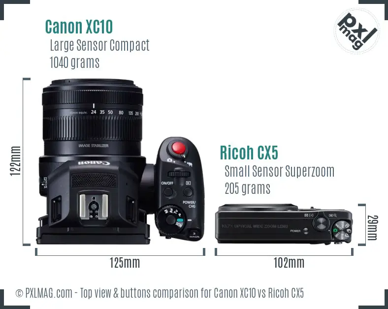 Canon XC10 vs Ricoh CX5 top view buttons comparison