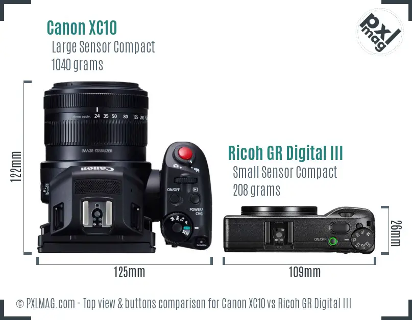 Canon XC10 vs Ricoh GR Digital III top view buttons comparison