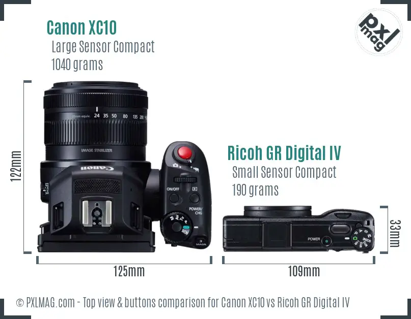 Canon XC10 vs Ricoh GR Digital IV top view buttons comparison Canon XC10 vs Ricoh GR Digital IV top view buttons comparison