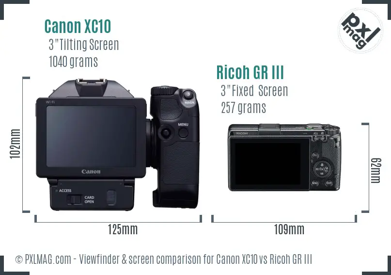 Canon XC10 vs Ricoh GR III Screen and Viewfinder comparison