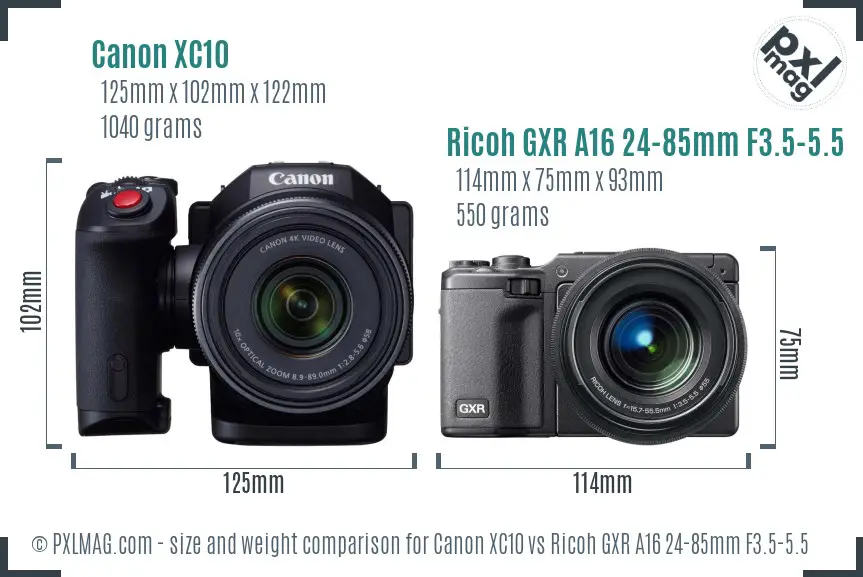 Canon XC10 vs Ricoh GXR A16 24-85mm F3.5-5.5 size comparison