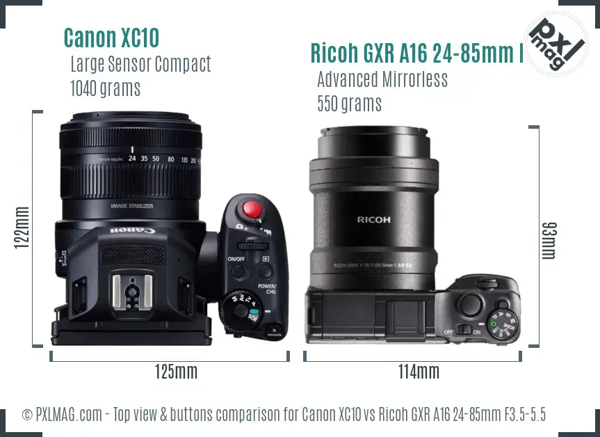 Canon XC10 vs Ricoh GXR A16 24-85mm F3.5-5.5 top view buttons comparison