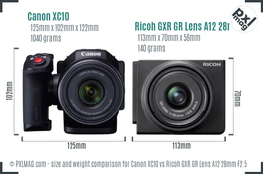 Canon XC10 vs Ricoh GXR GR Lens A12 28mm F2.5 size comparison