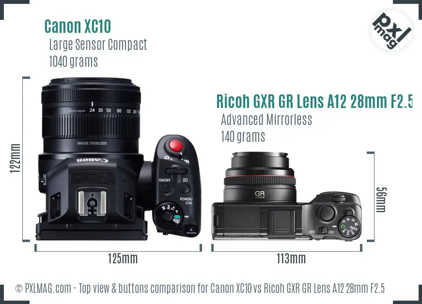 Canon XC10 vs Ricoh GXR GR Lens A12 28mm F2.5 top view buttons comparison