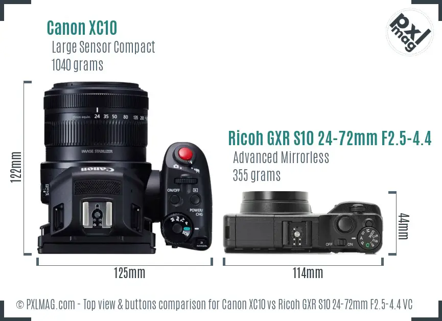 Canon XC10 vs Ricoh GXR S10 24-72mm F2.5-4.4 VC top view buttons comparison