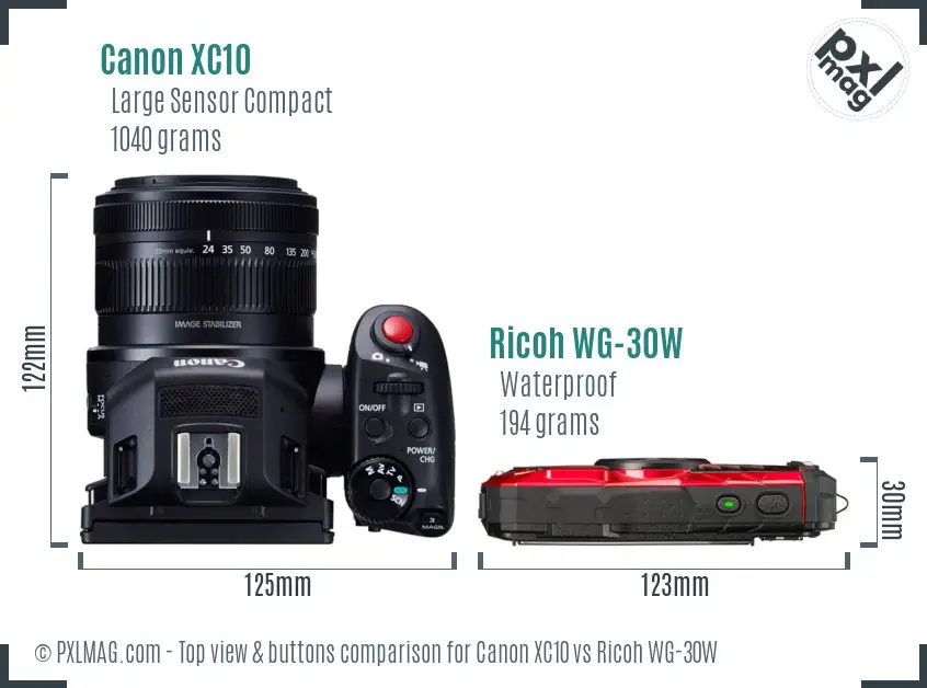 Canon XC10 vs Ricoh WG-30W top view buttons comparison Canon XC10 vs Ricoh WG-30W top view buttons comparison