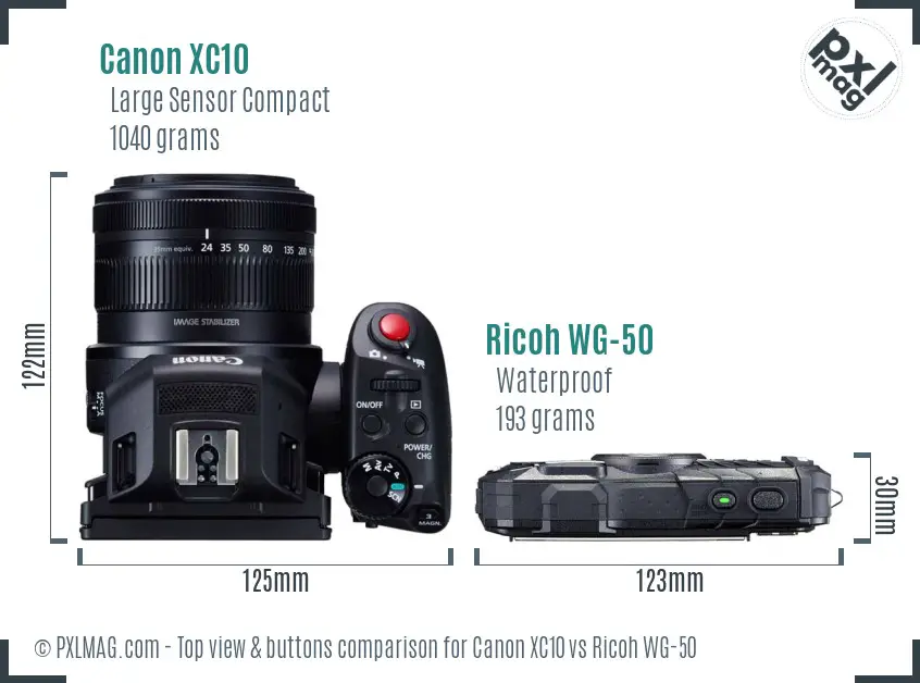 Canon XC10 vs Ricoh WG-50 top view buttons comparison
