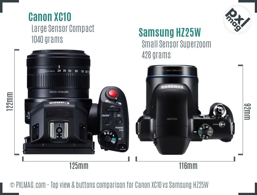 Canon XC10 vs Samsung HZ25W top view buttons comparison