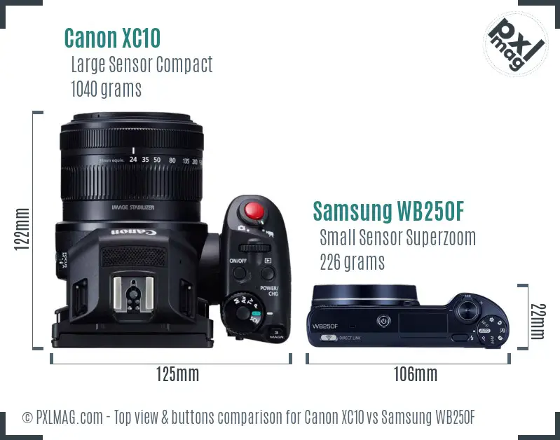 Canon XC10 vs Samsung WB250F top view buttons comparison