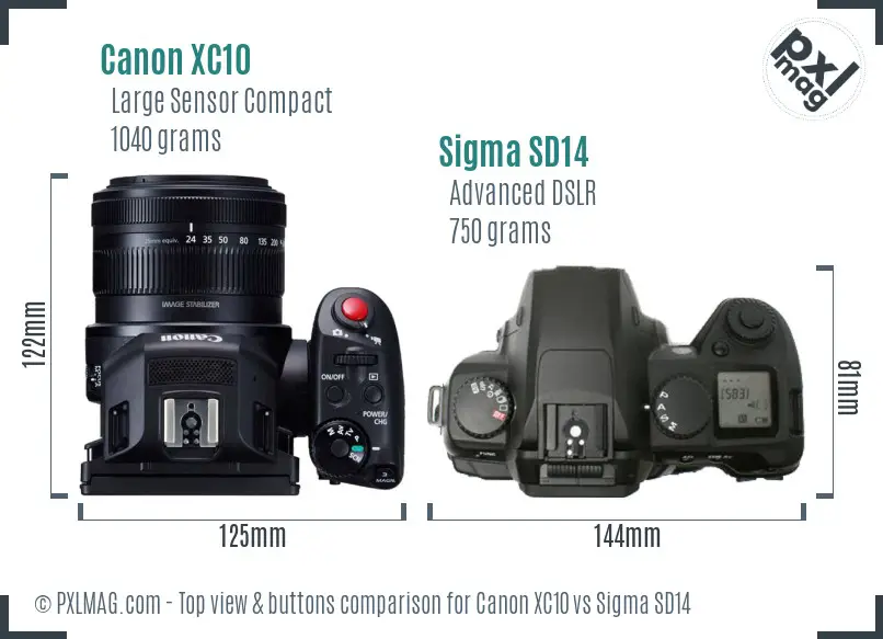 Canon XC10 vs Sigma SD14 top view buttons comparison