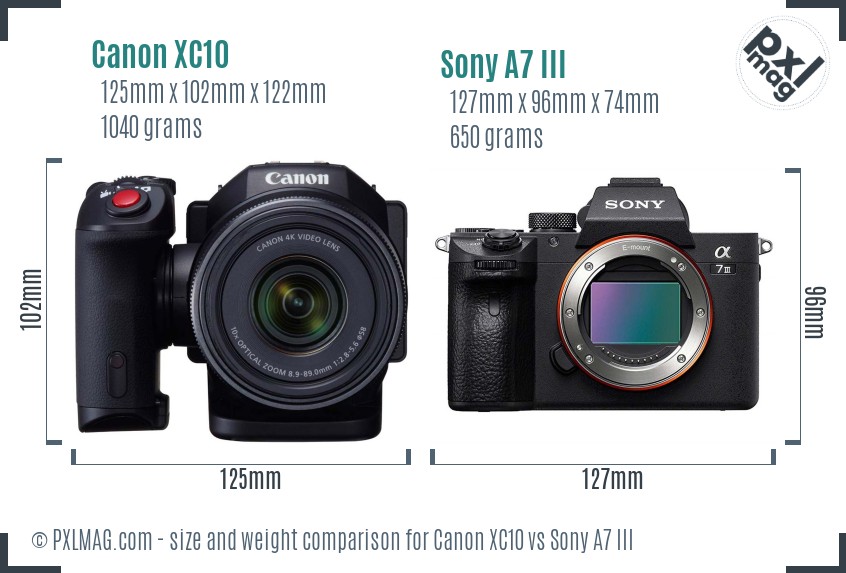 Canon XC10 vs Sony A7 III size comparison