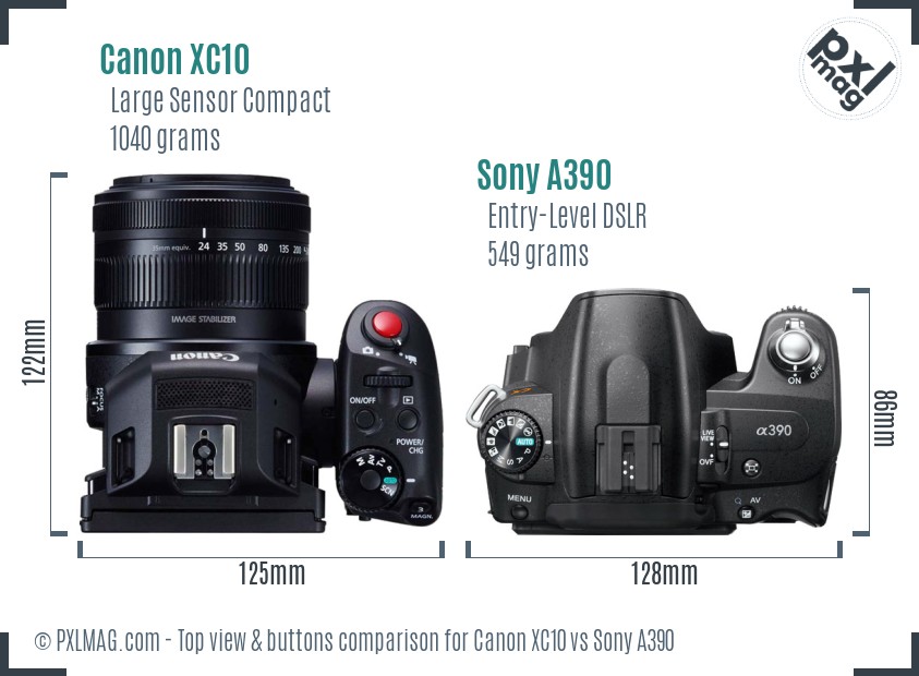 Canon XC10 vs Sony A390 top view buttons comparison