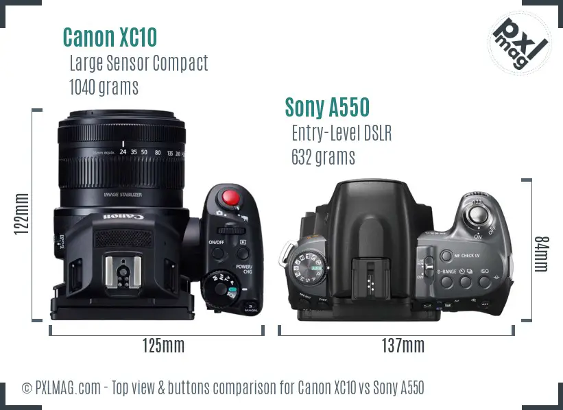 Canon XC10 vs Sony A550 top view buttons comparison Canon XC10 vs Sony A550 top view buttons comparison
