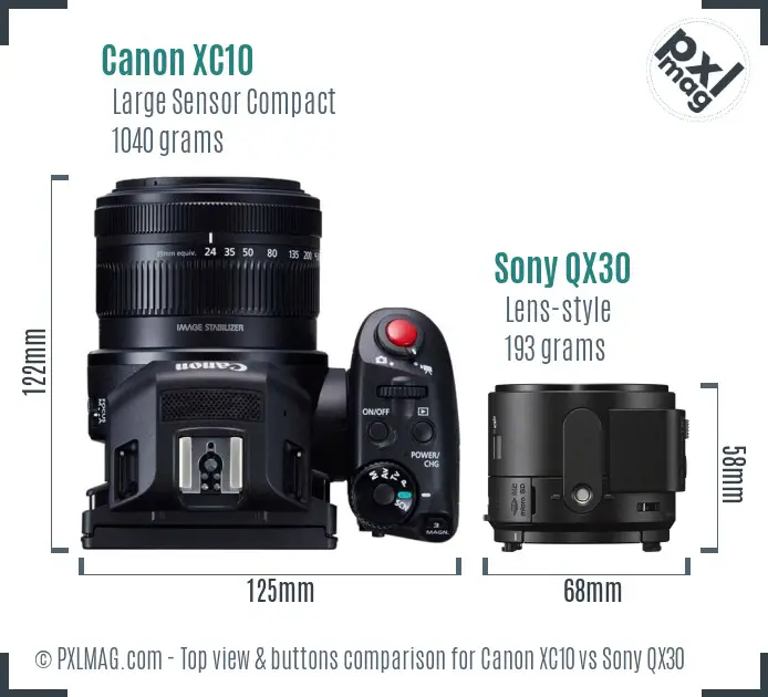 Canon XC10 vs Sony QX30 top view buttons comparison