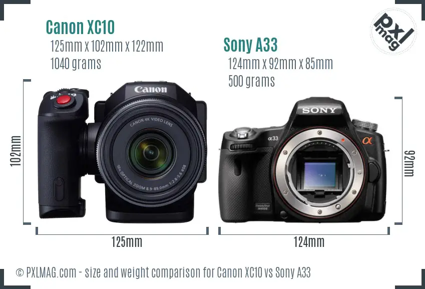 Canon XC10 vs Sony A33 size comparison