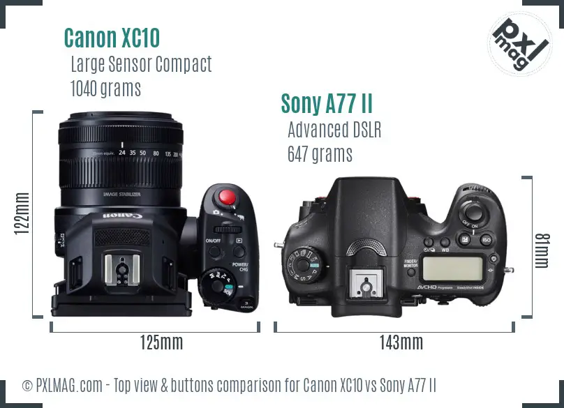 Canon XC10 vs Sony A77 II top view buttons comparison