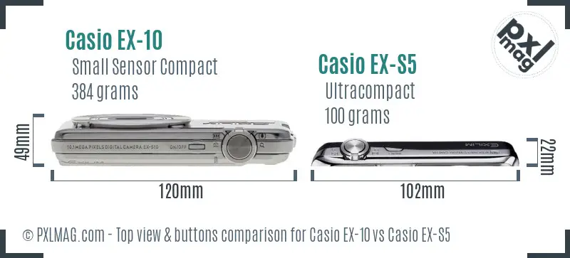 Casio EX-10 vs Casio EX-S5 top view buttons comparison