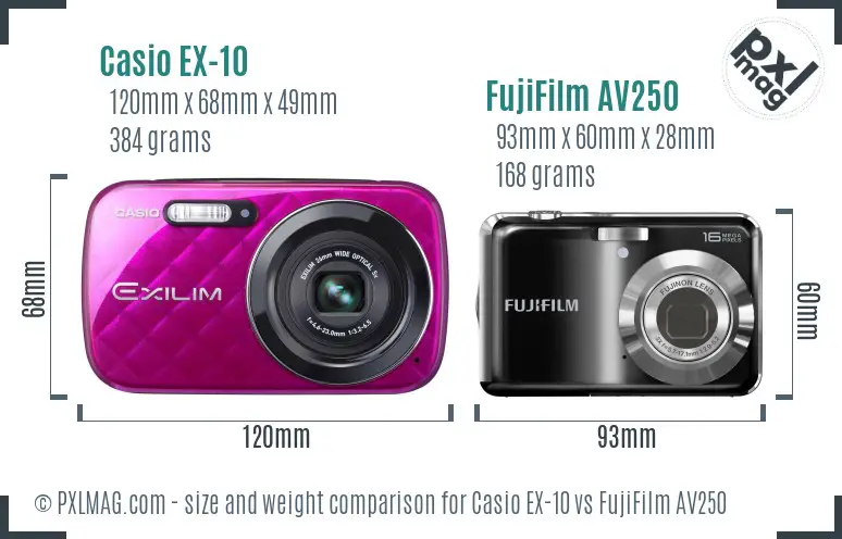 Casio EX-10 vs FujiFilm AV250 size comparison